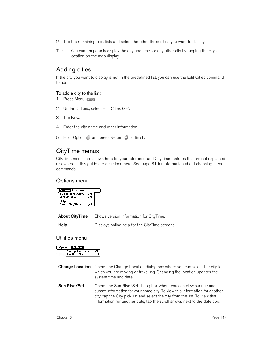 Adding cities, To add a city to the list, Citytime menus | Options menu, Utilities menu, Adding cities citytime menus | Handspring Treo 270 User Manual | Page 147 / 235