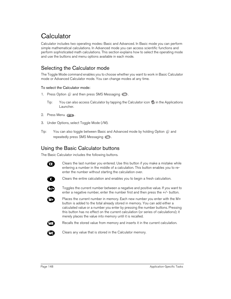 Calculator, Selecting the calculator mode, To select the calculator mode | Using the basic calculator buttons | Handspring Treo 270 User Manual | Page 148 / 235