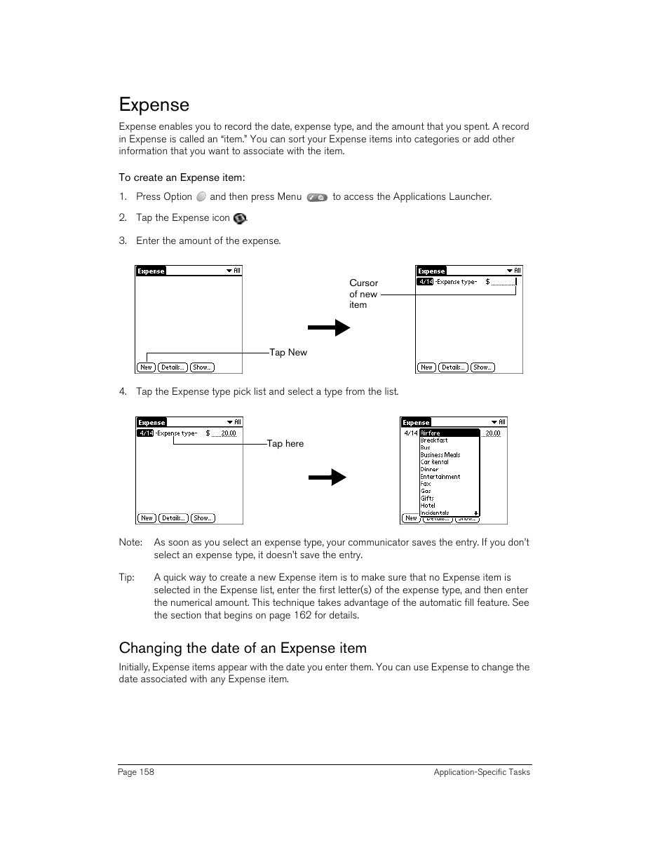 Expense, To create an expense item, Changing the date of an expense item | Handspring Treo 270 User Manual | Page 158 / 235