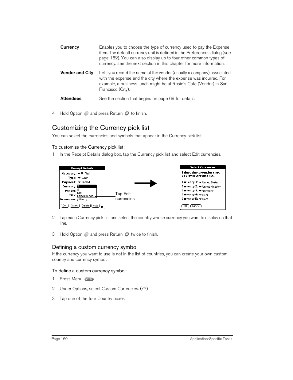 Customizing the currency pick list, To customize the currency pick list, Defining a custom currency symbol | To define a custom currency symbol | Handspring Treo 270 User Manual | Page 160 / 235