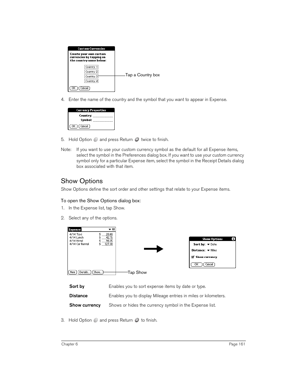 Show options, To open the show options dialog box | Handspring Treo 270 User Manual | Page 161 / 235