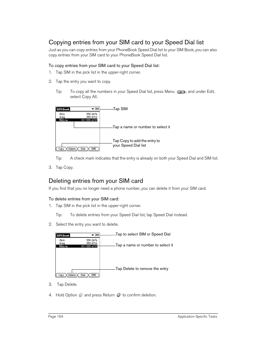 Deleting entries from your sim card, To delete entries from your sim card | Handspring Treo 270 User Manual | Page 164 / 235