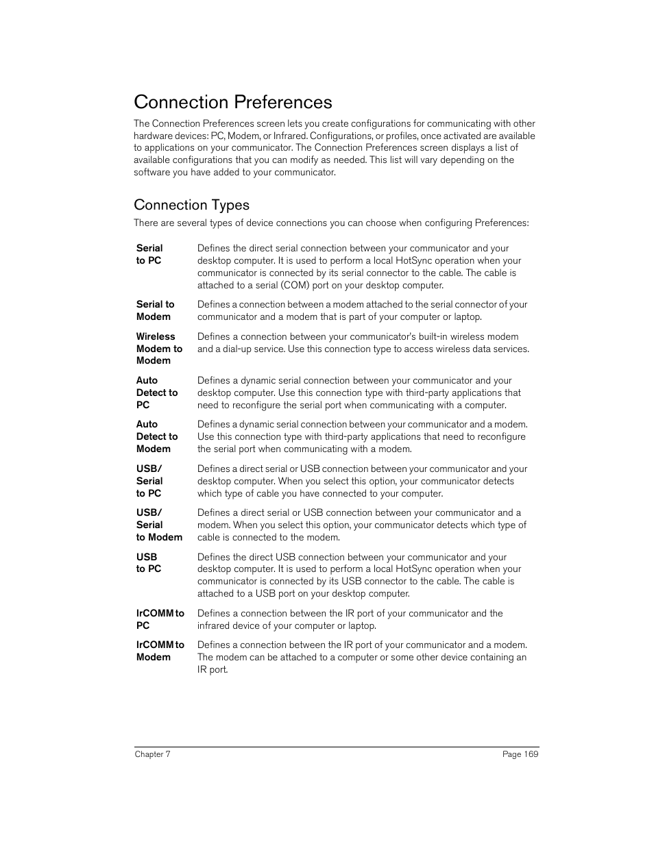 Connection preferences, Connection types | Handspring Treo 270 User Manual | Page 169 / 235