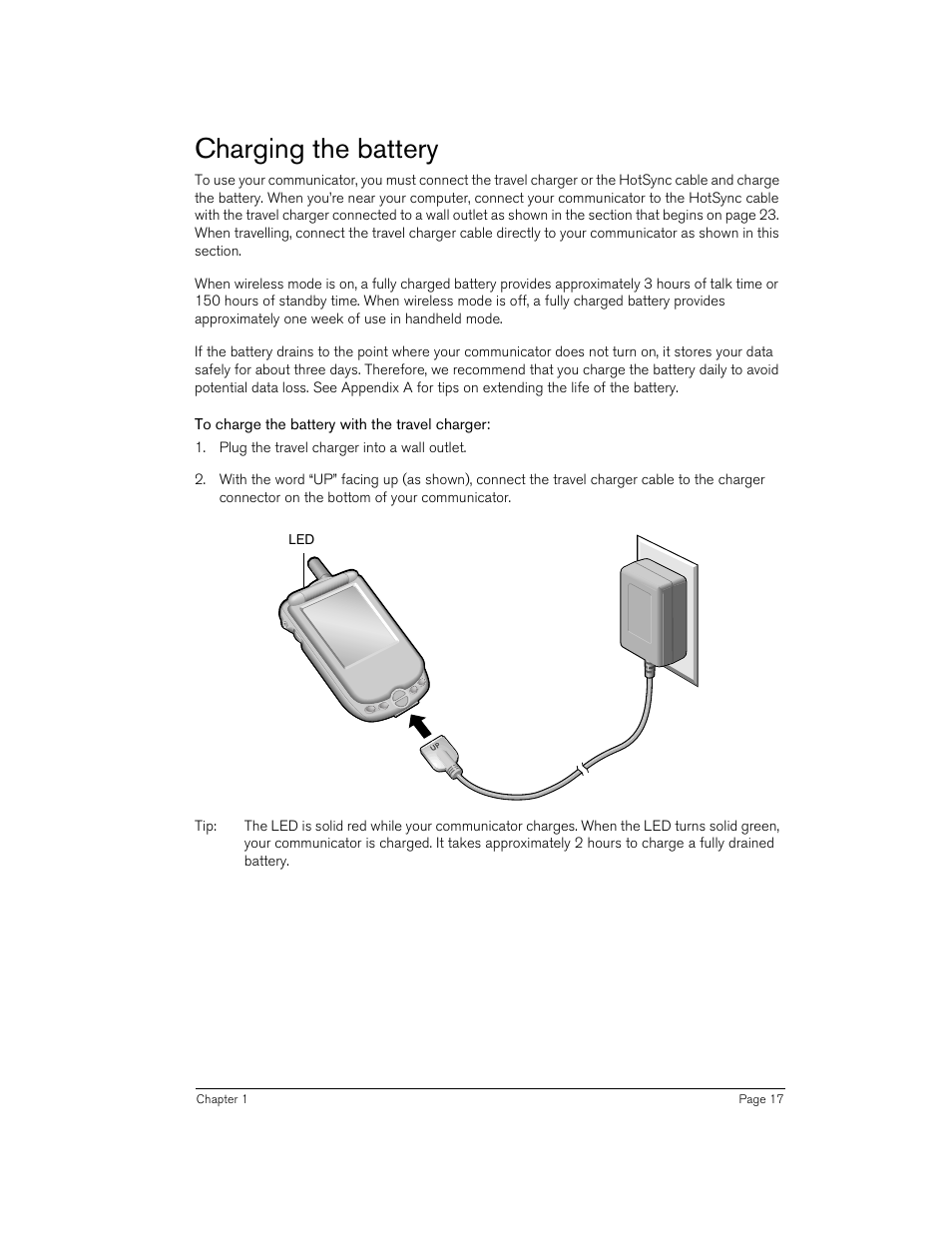 Charging the battery, To charge the battery with the travel charger | Handspring Treo 270 User Manual | Page 17 / 235