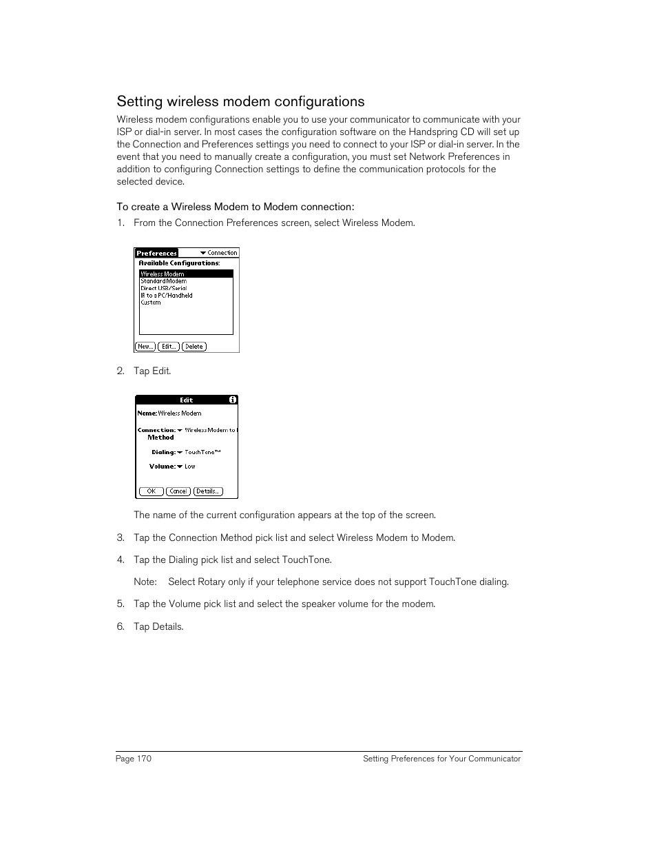 Setting wireless modem configurations, To create a wireless modem to modem connection | Handspring Treo 270 User Manual | Page 170 / 235