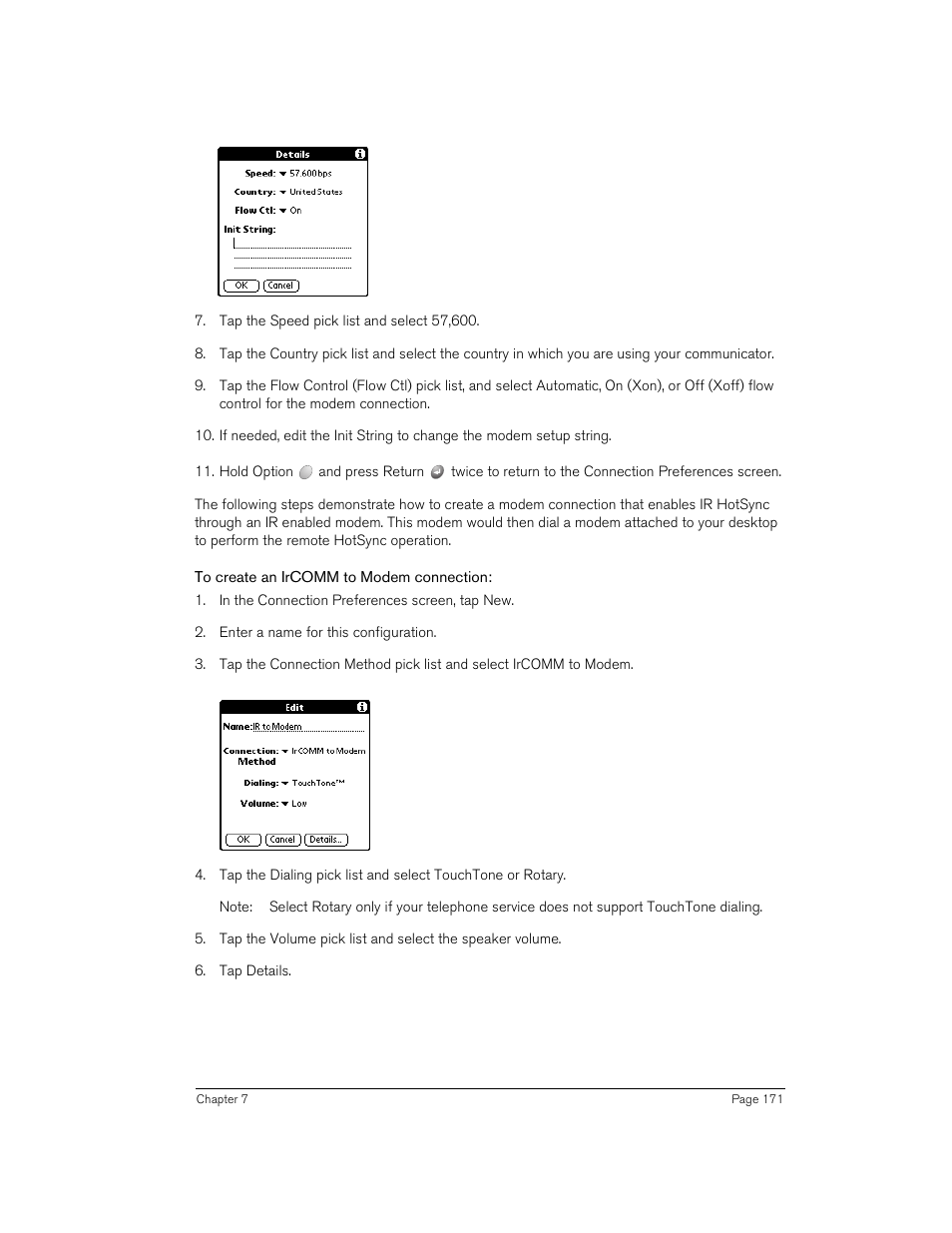 To create an ircomm to modem connection | Handspring Treo 270 User Manual | Page 171 / 235