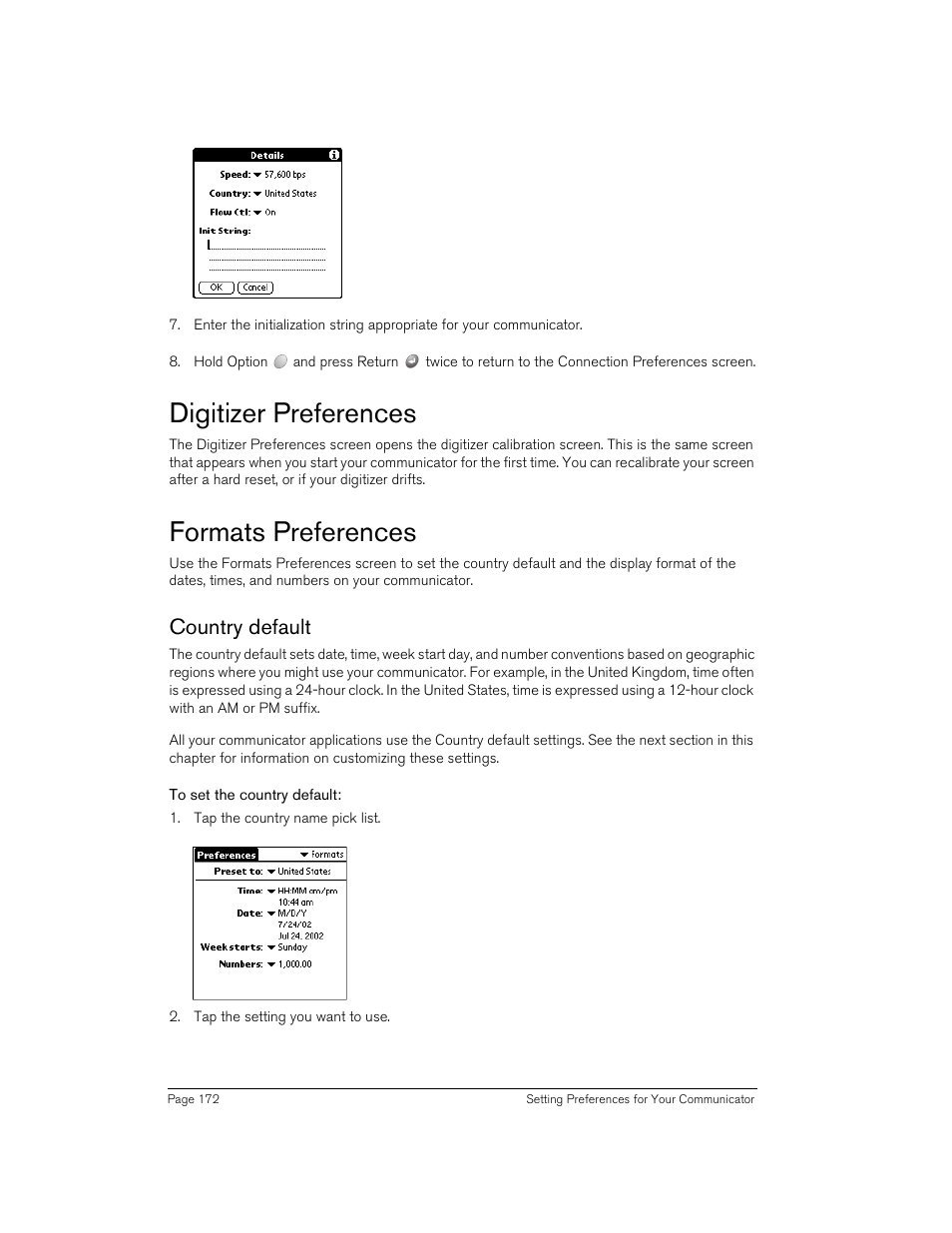 Digitizer preferences, Formats preferences, Country default | To set the country default | Handspring Treo 270 User Manual | Page 172 / 235