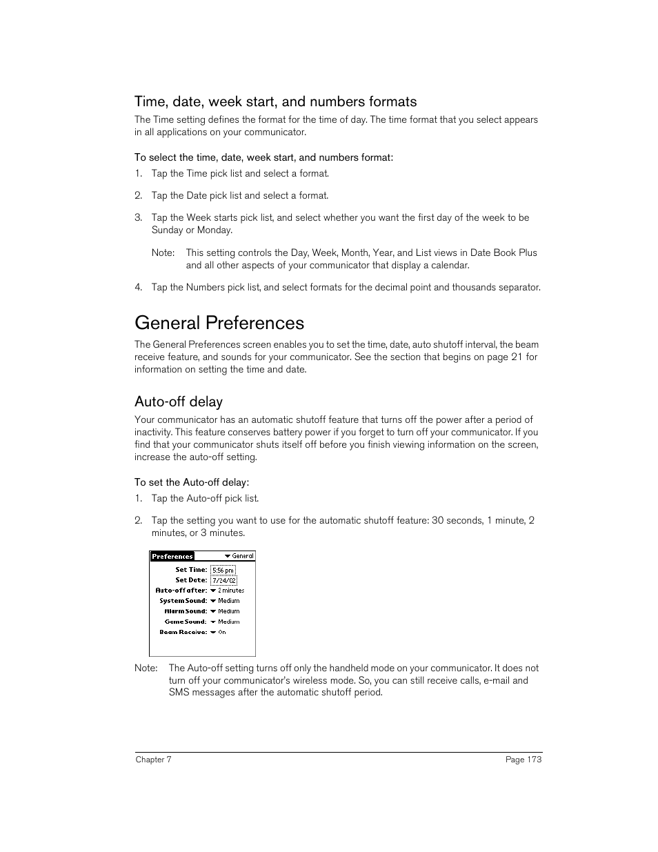 Time, date, week start, and numbers formats, General preferences, Auto-off delay | To set the auto-off delay | Handspring Treo 270 User Manual | Page 173 / 235