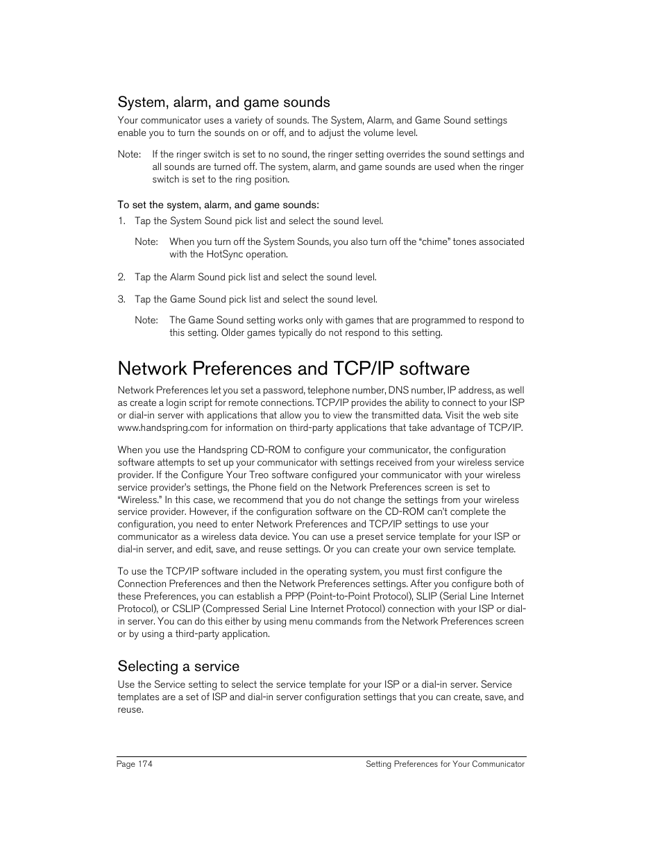 System, alarm, and game sounds, To set the system, alarm, and game sounds, Network preferences and tcp/ip software | Selecting a service | Handspring Treo 270 User Manual | Page 174 / 235