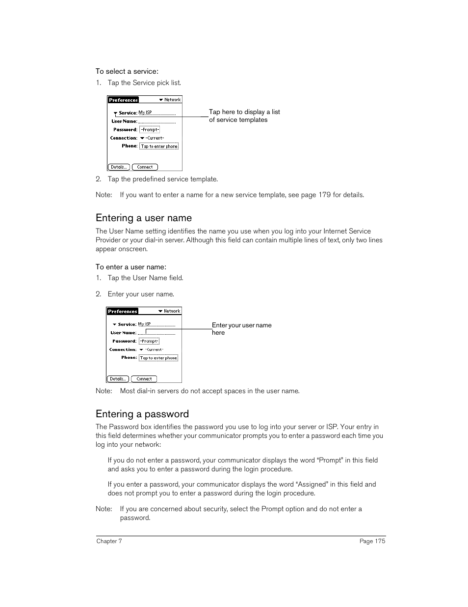To select a service, Entering a user name, To enter a user name | Entering a password, Entering a user name entering a password | Handspring Treo 270 User Manual | Page 175 / 235