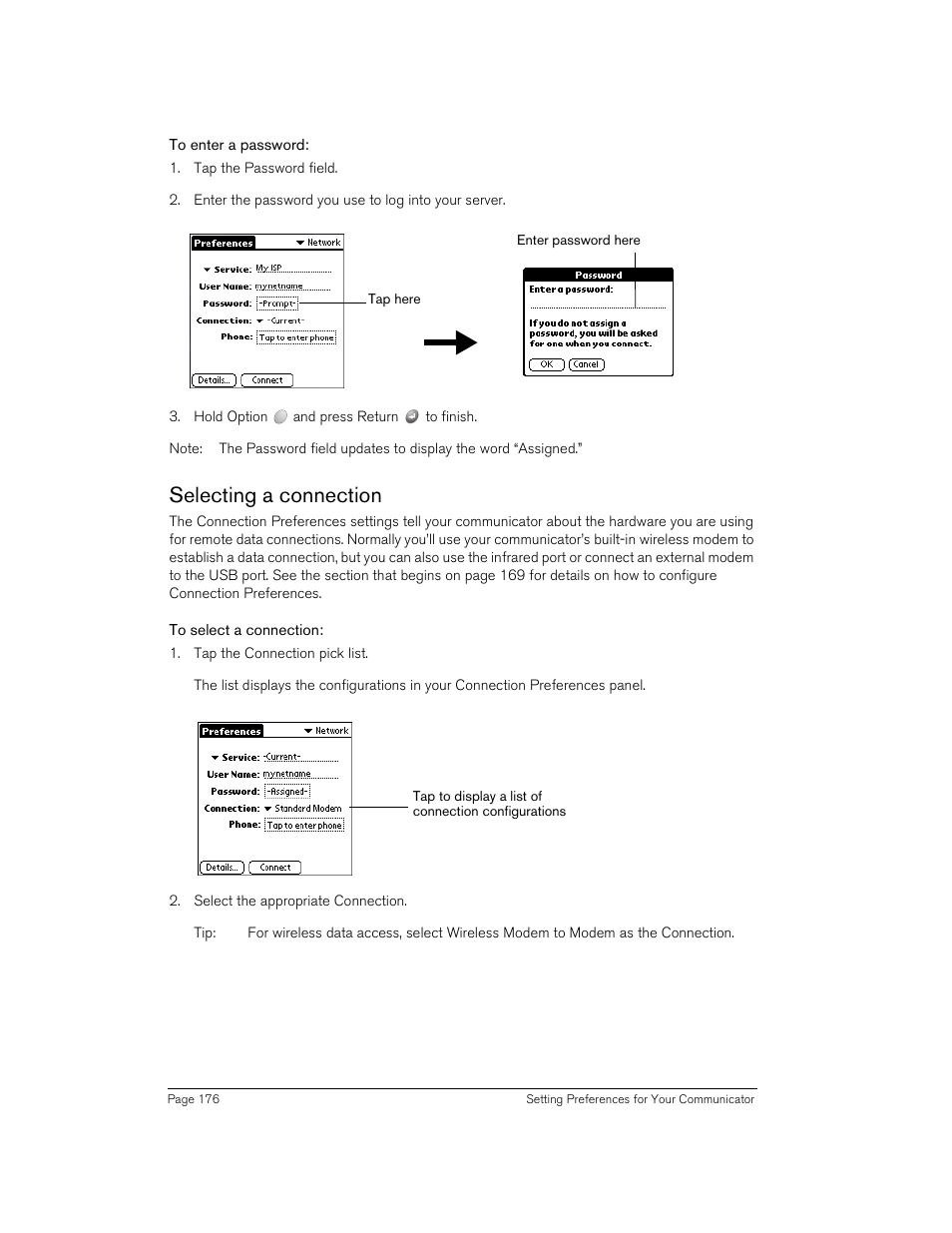 To enter a password, Selecting a connection, To select a connection | Handspring Treo 270 User Manual | Page 176 / 235