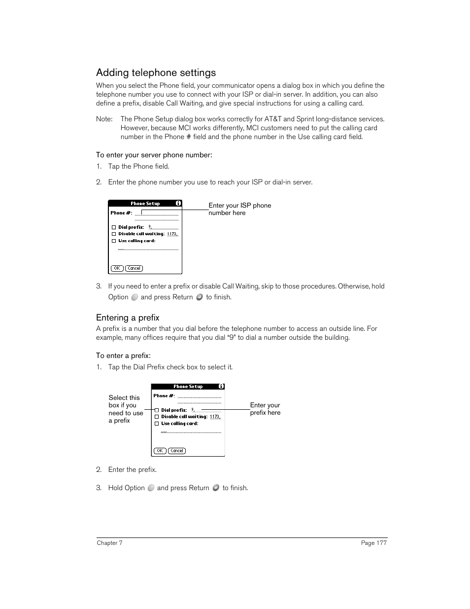 Adding telephone settings, To enter your server phone number, Entering a prefix | To enter a prefix | Handspring Treo 270 User Manual | Page 177 / 235