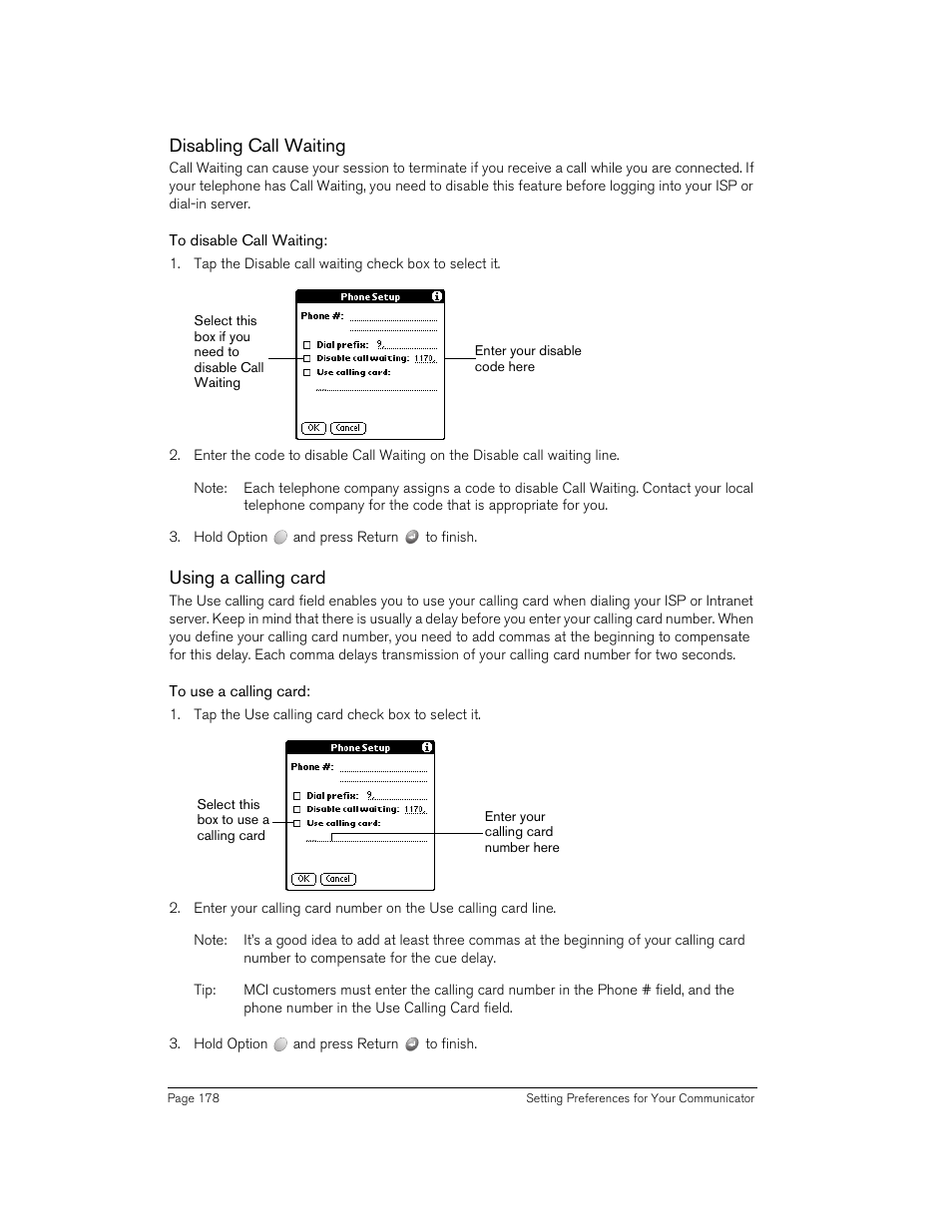 Disabling call waiting, To disable call waiting, Using a calling card | To use a calling card | Handspring Treo 270 User Manual | Page 178 / 235