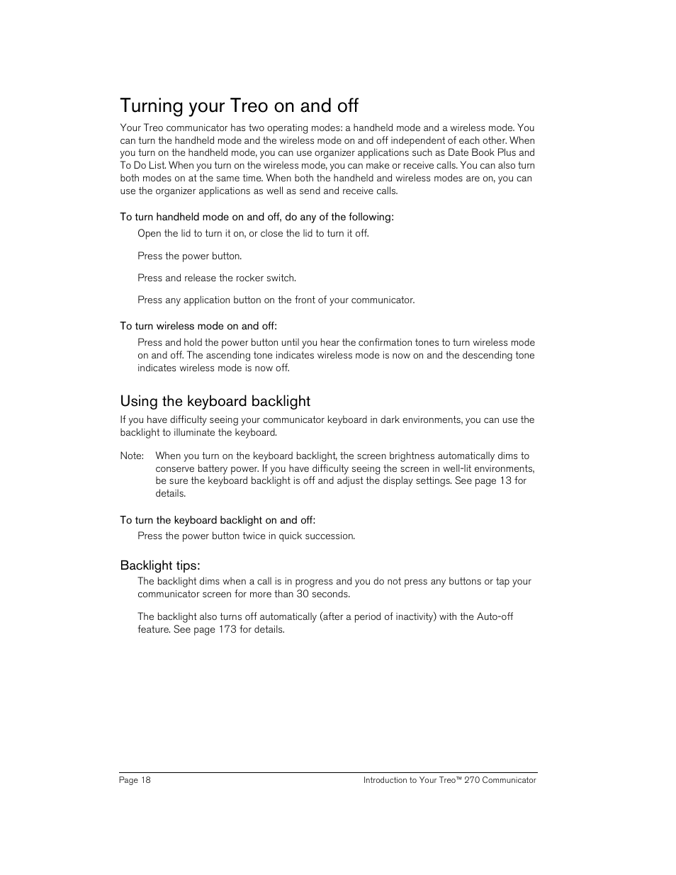 Turning your treo on and off, To turn wireless mode on and off, Using the keyboard backlight | To turn the keyboard backlight on and off, Backlight tips, Ge 18 | Handspring Treo 270 User Manual | Page 18 / 235