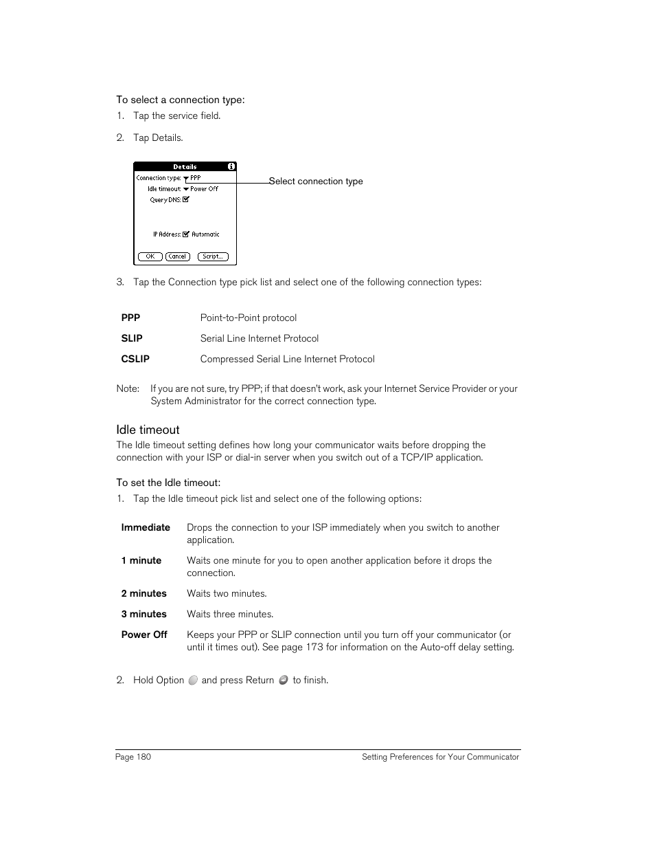 To select a connection type, Idle timeout, To set the idle timeout | Handspring Treo 270 User Manual | Page 180 / 235