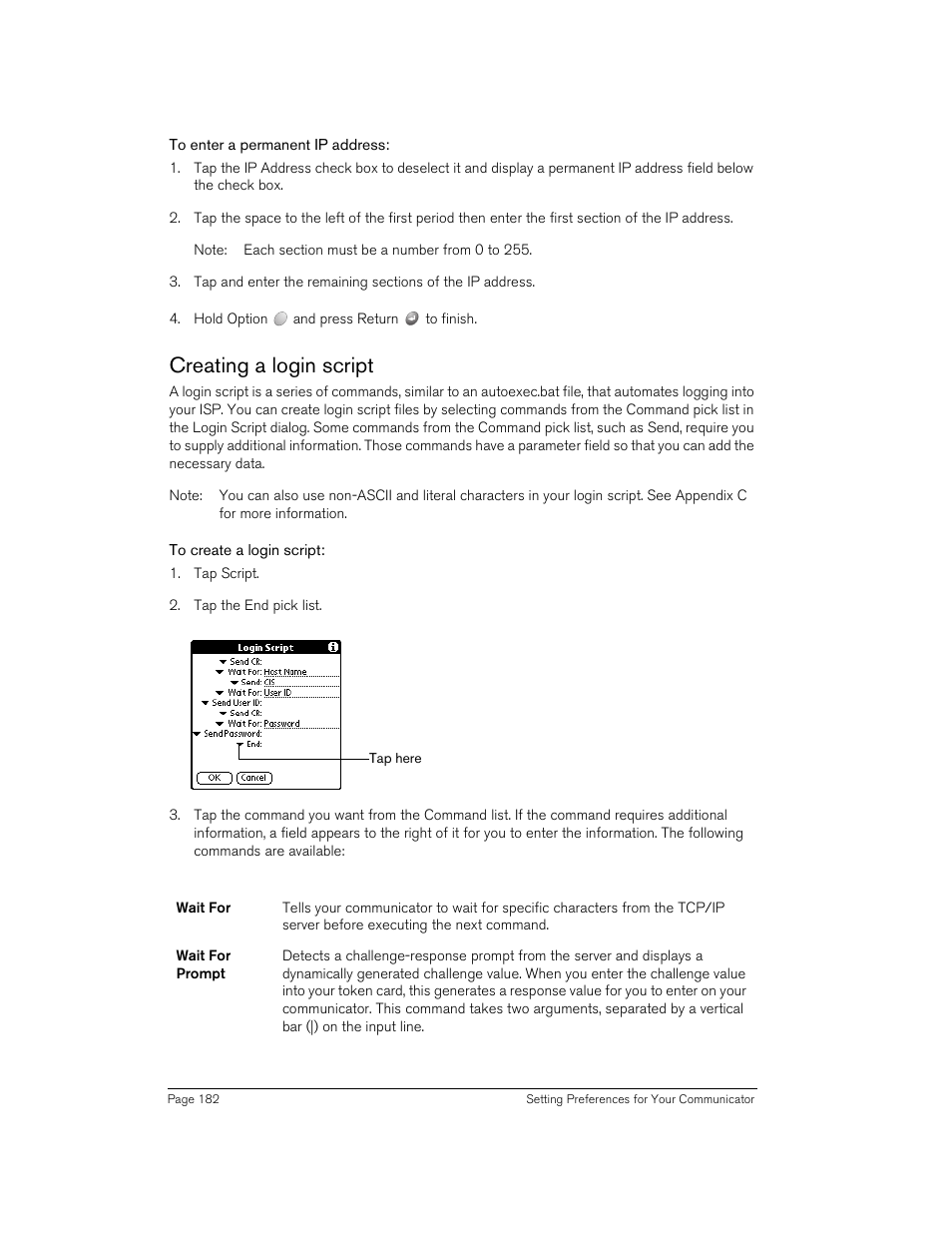 To enter a permanent ip address, Creating a login script, To create a login script | Handspring Treo 270 User Manual | Page 182 / 235