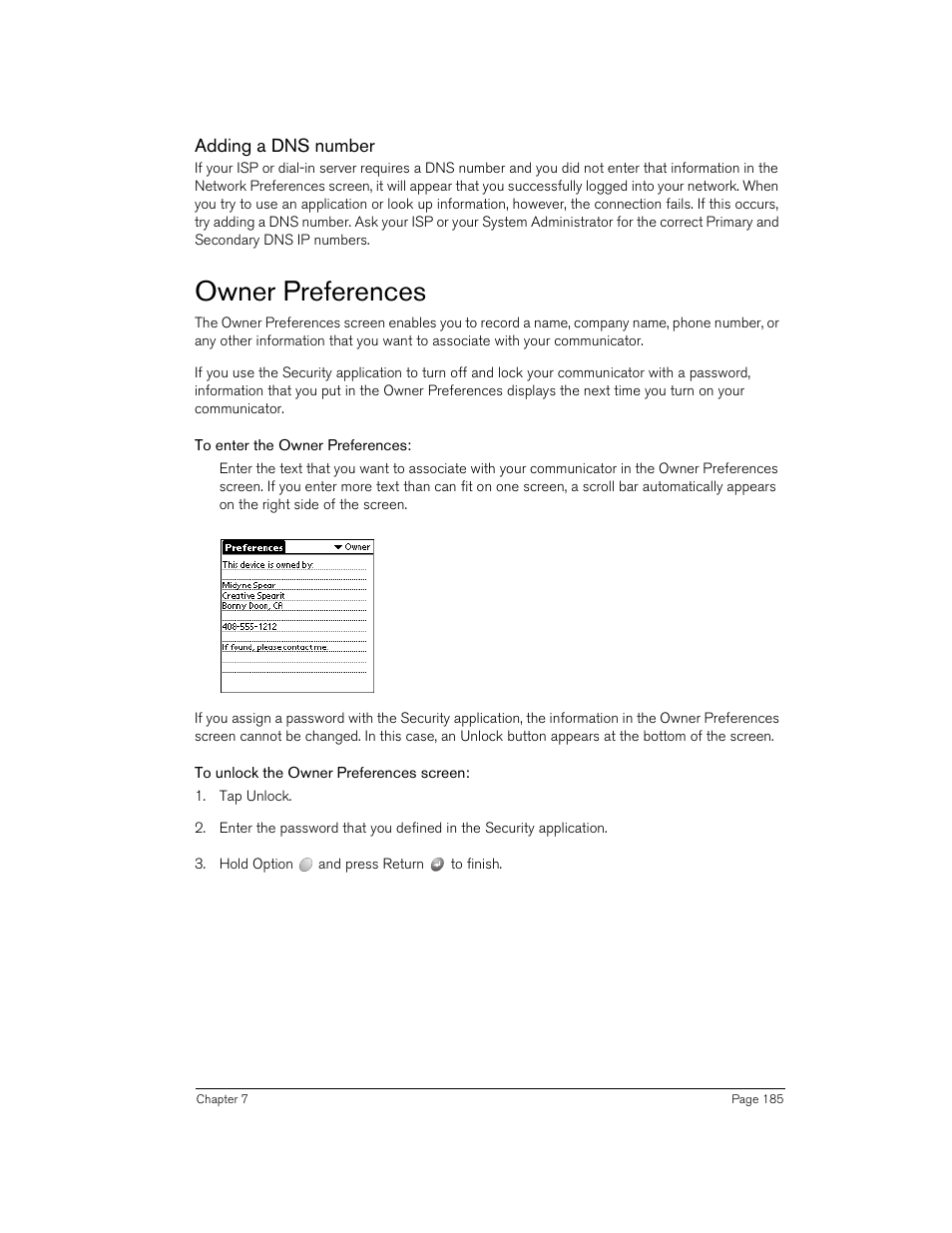 Adding a dns number, Owner preferences, To enter the owner preferences | To unlock the owner preferences screen | Handspring Treo 270 User Manual | Page 185 / 235
