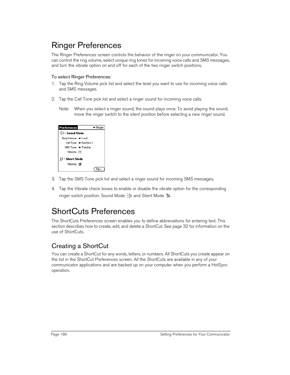 Ringer preferences, To select ringer preferences, Shortcuts preferences | Creating a shortcut, Ge 186 for | Handspring Treo 270 User Manual | Page 186 / 235