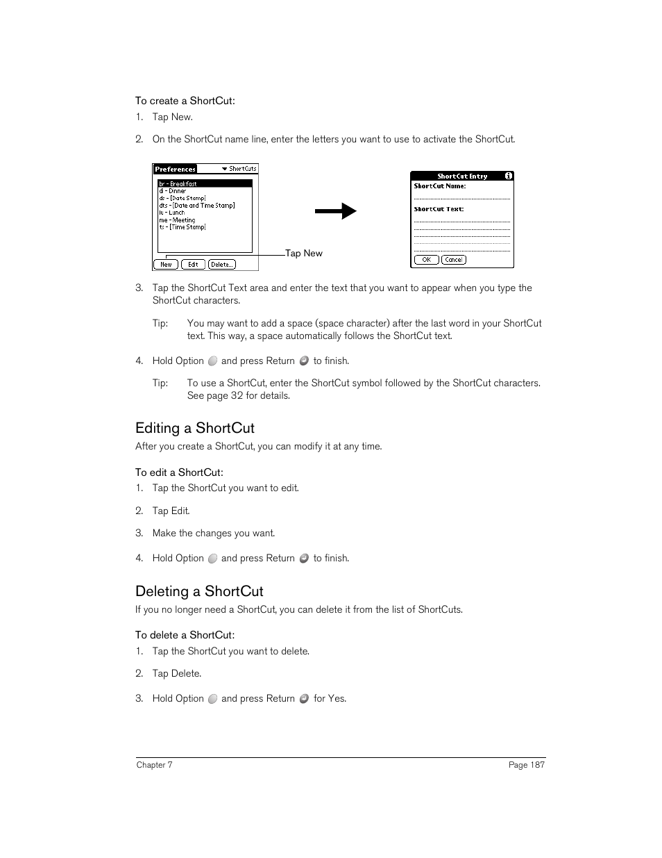 To create a shortcut, Editing a shortcut, To edit a shortcut | Deleting a shortcut, To delete a shortcut, Editing a shortcut deleting a shortcut | Handspring Treo 270 User Manual | Page 187 / 235