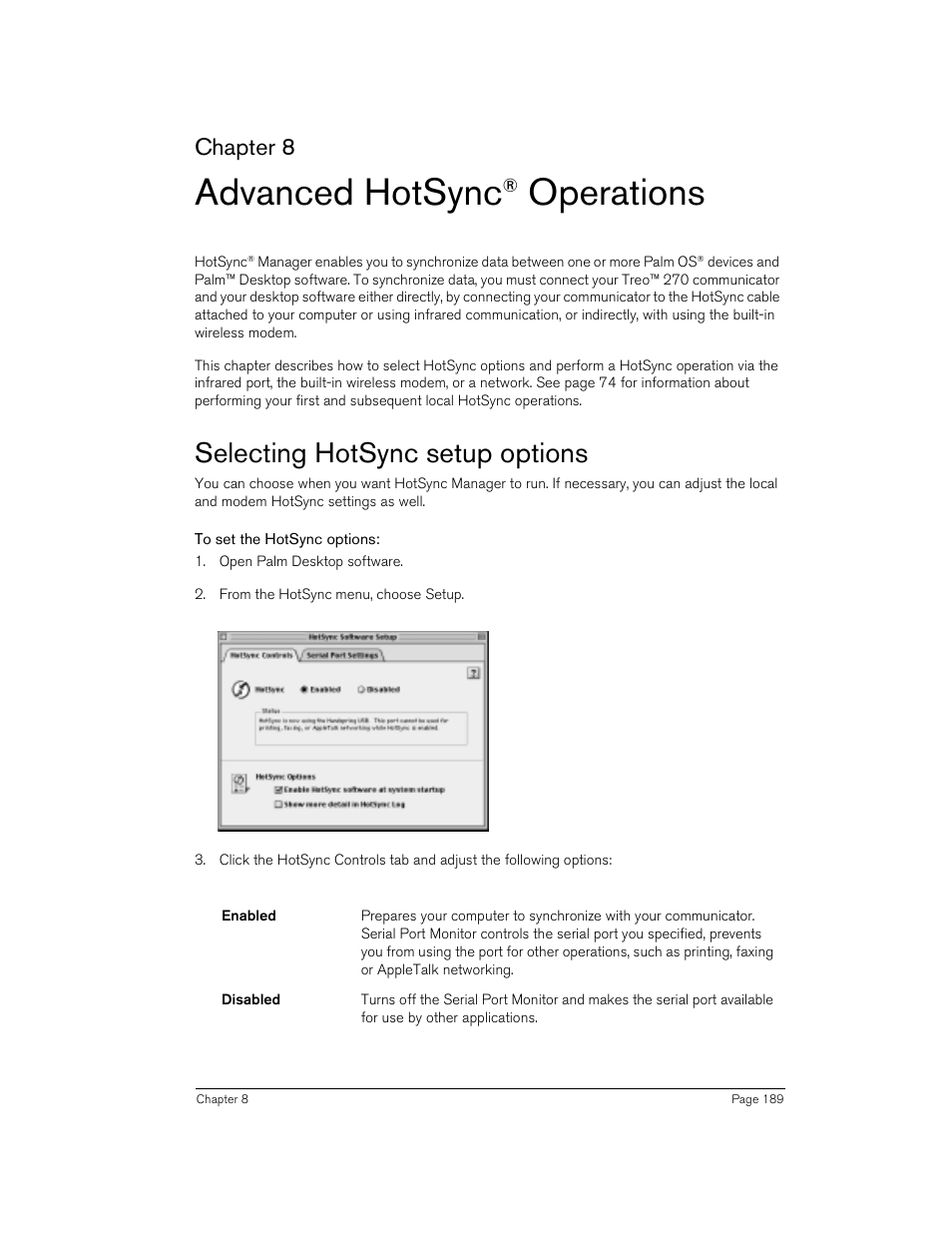 Advanced hotsync® operations, Selecting hotsync setup options, To set the hotsync options | Advanced hotsync, Operations, Chapter 8 | Handspring Treo 270 User Manual | Page 189 / 235