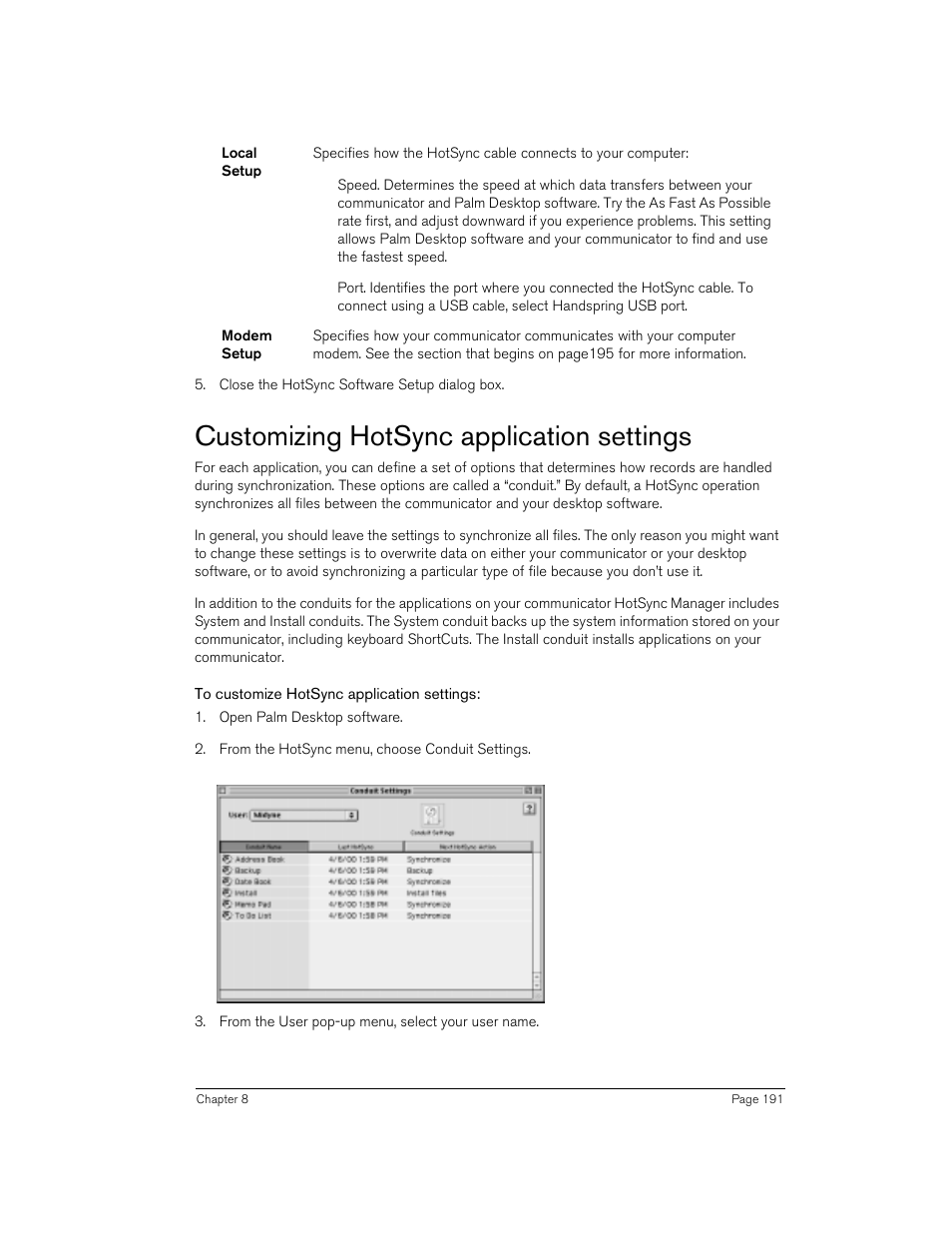 Customizing hotsync application settings, To customize hotsync application settings | Handspring Treo 270 User Manual | Page 191 / 235