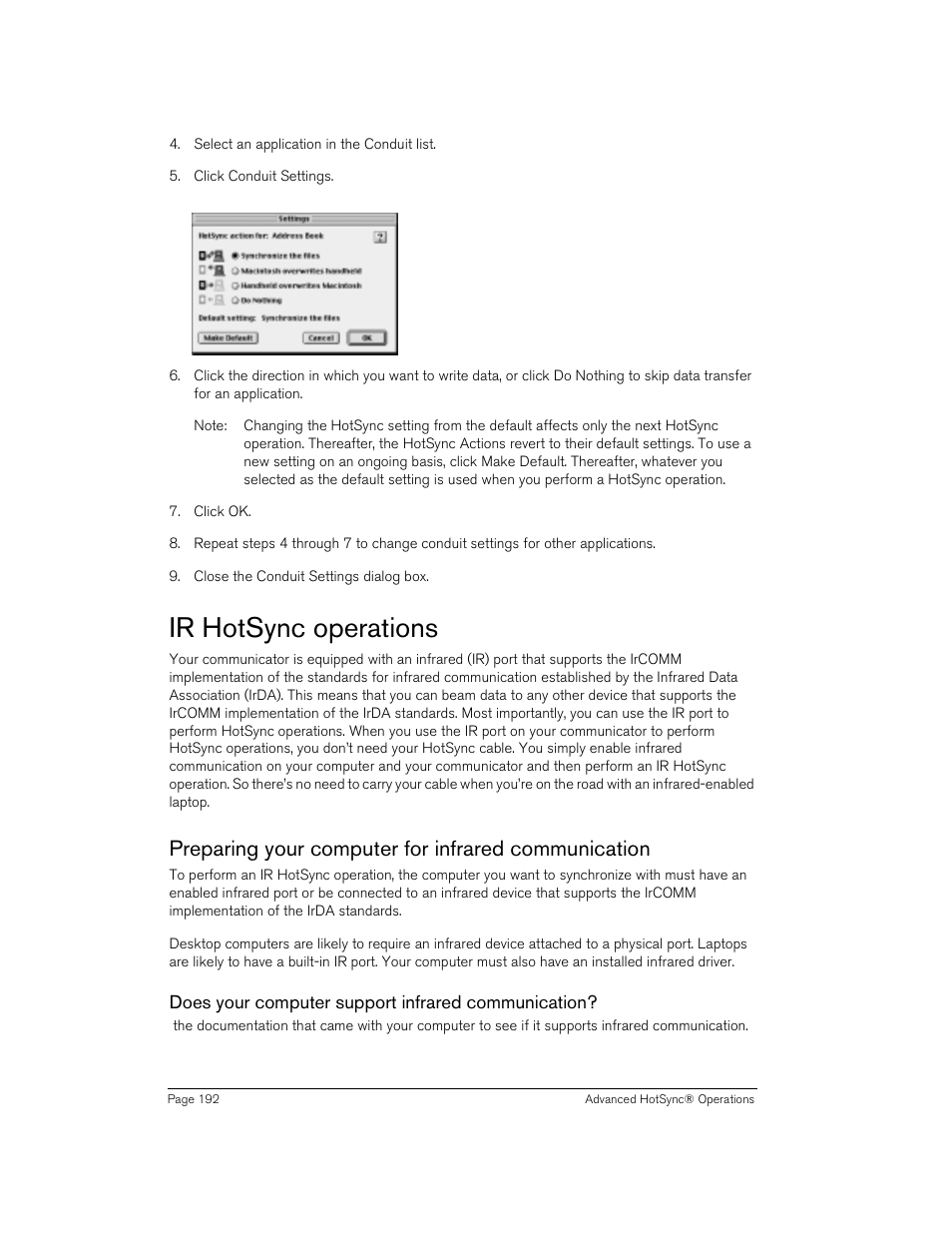 Ir hotsync operations, Preparing your computer for infrared communication, Does your computer support infrared communication | Handspring Treo 270 User Manual | Page 192 / 235