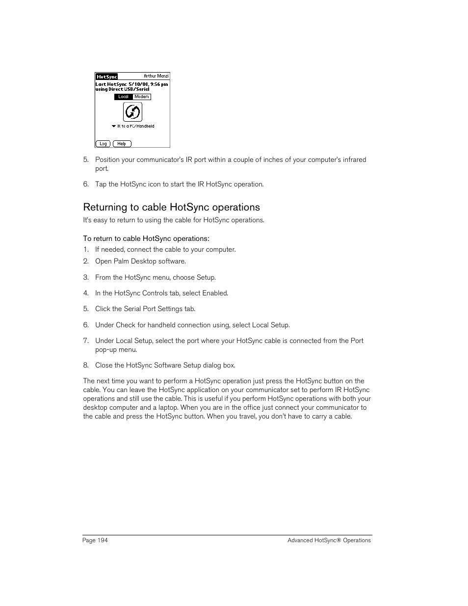 Returning to cable hotsync operations, To return to cable hotsync operations | Handspring Treo 270 User Manual | Page 194 / 235