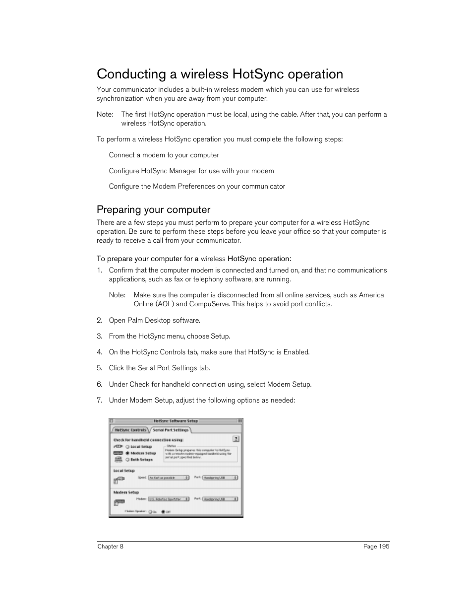 Conducting a wireless hotsync operation, Preparing your computer | Handspring Treo 270 User Manual | Page 195 / 235