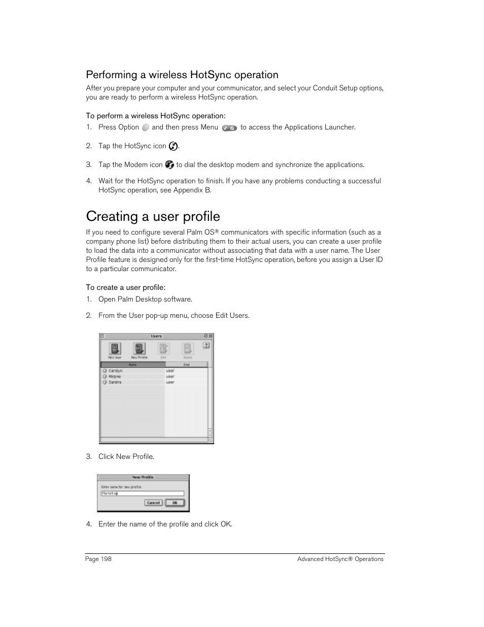 Performing a wireless hotsync operation, To perform a wireless hotsync operation, Creating a user profile | To create a user profile | Handspring Treo 270 User Manual | Page 198 / 235