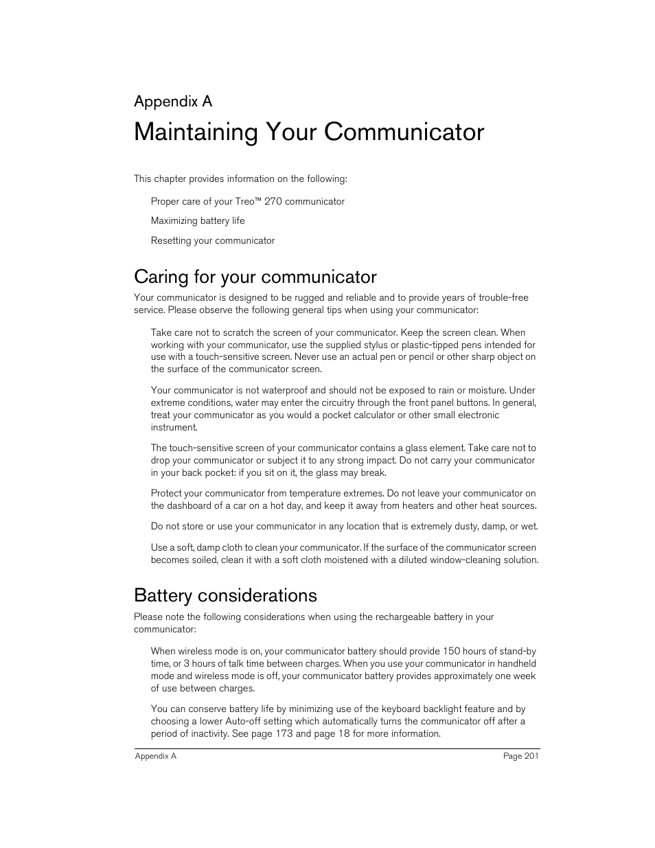 Maintaining your communicator, Caring for your communicator, Battery considerations | Appendix a | Handspring Treo 270 User Manual | Page 201 / 235