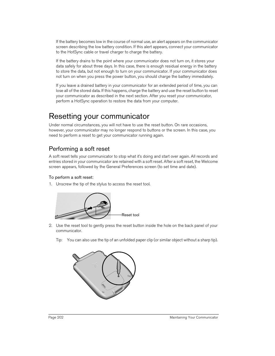Resetting your communicator, Performing a soft reset, To perform a soft reset | Handspring Treo 270 User Manual | Page 202 / 235
