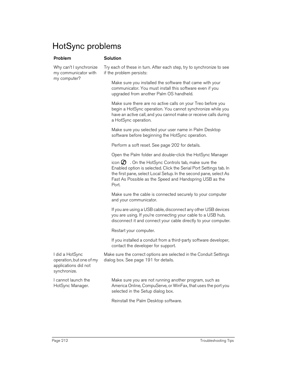 Hotsync problems | Handspring Treo 270 User Manual | Page 212 / 235