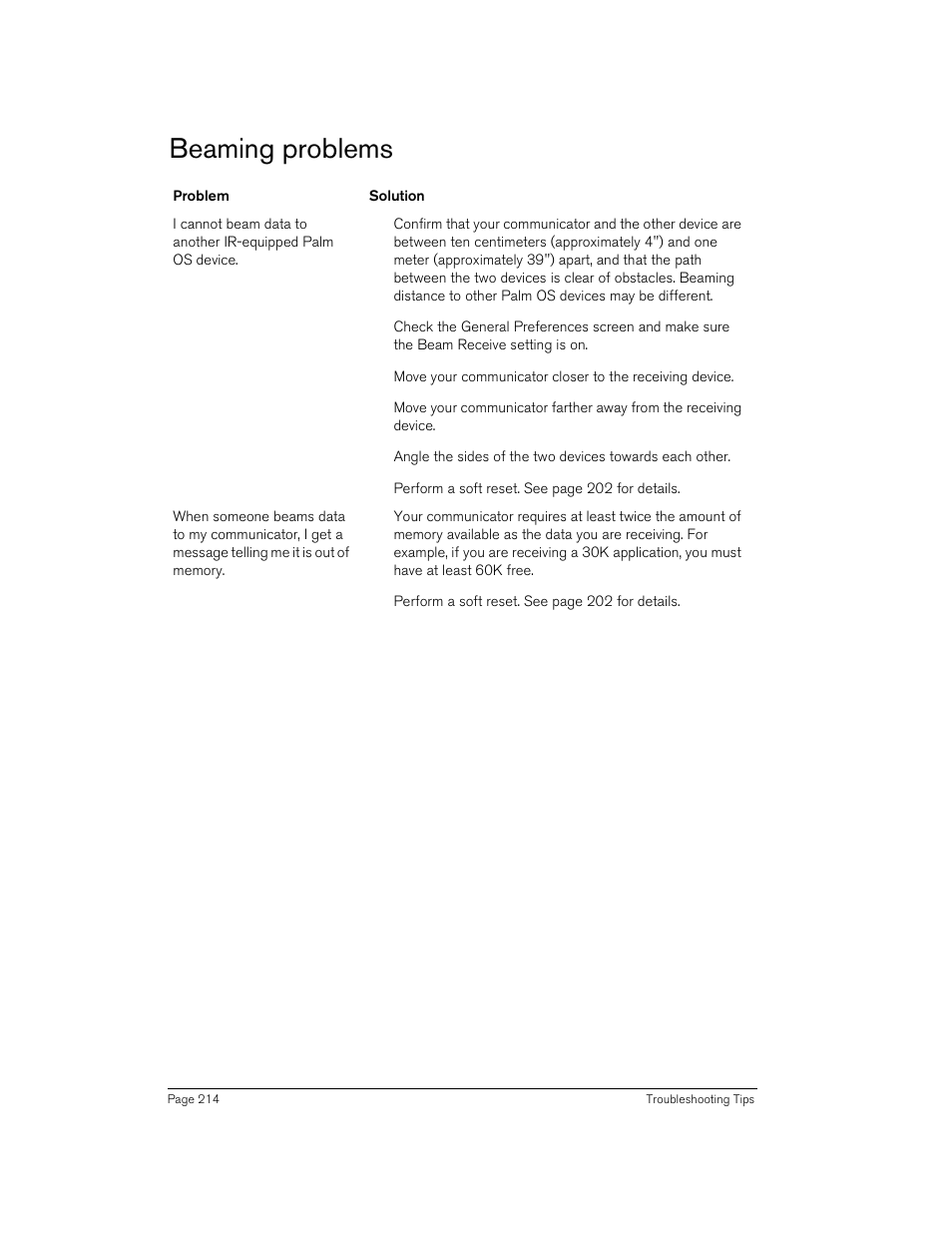Beaming problems | Handspring Treo 270 User Manual | Page 214 / 235