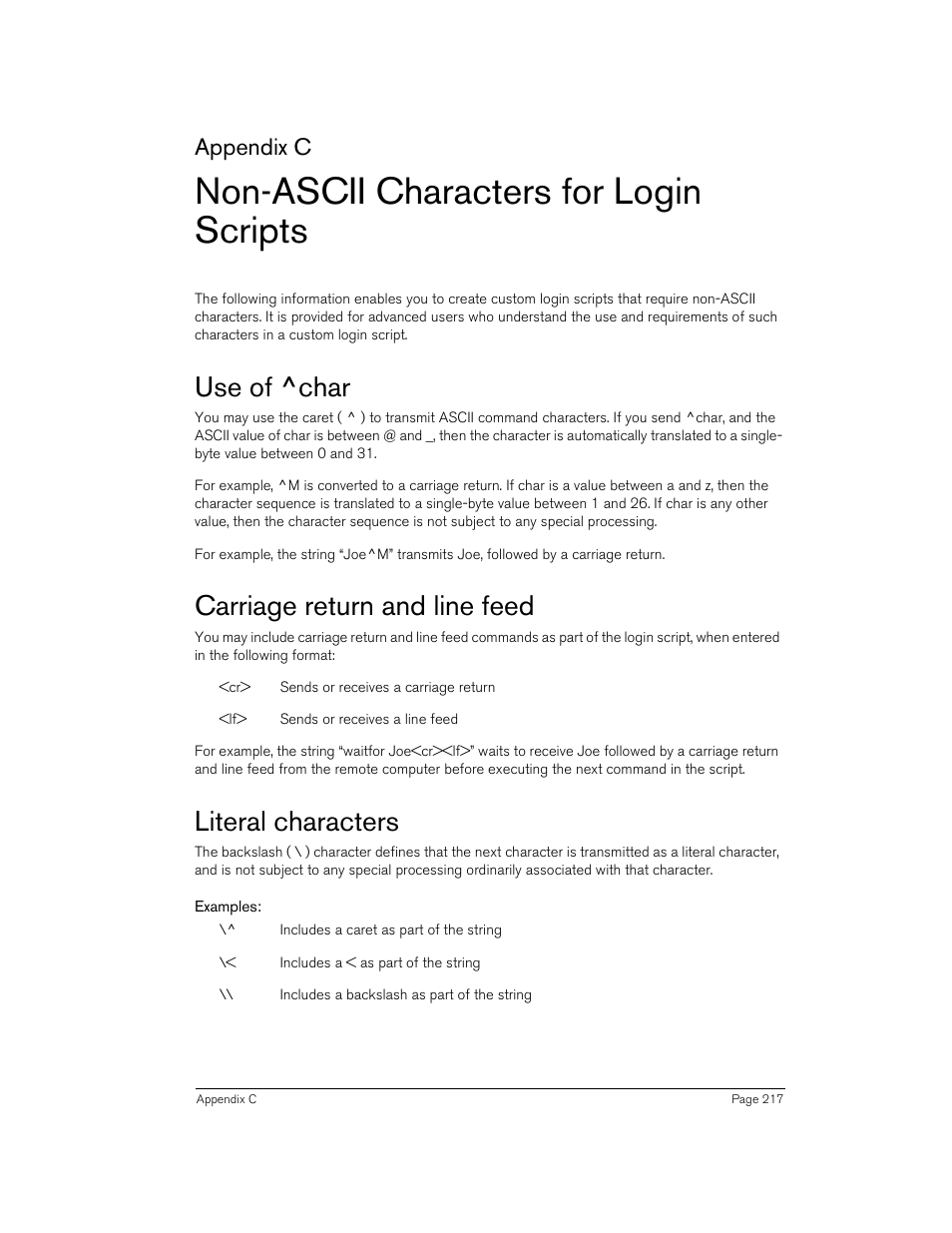 Non-ascii characters for login scripts, Use of ^char, Carriage return and line feed | Literal characters, Examples, Appendix c | Handspring Treo 270 User Manual | Page 217 / 235