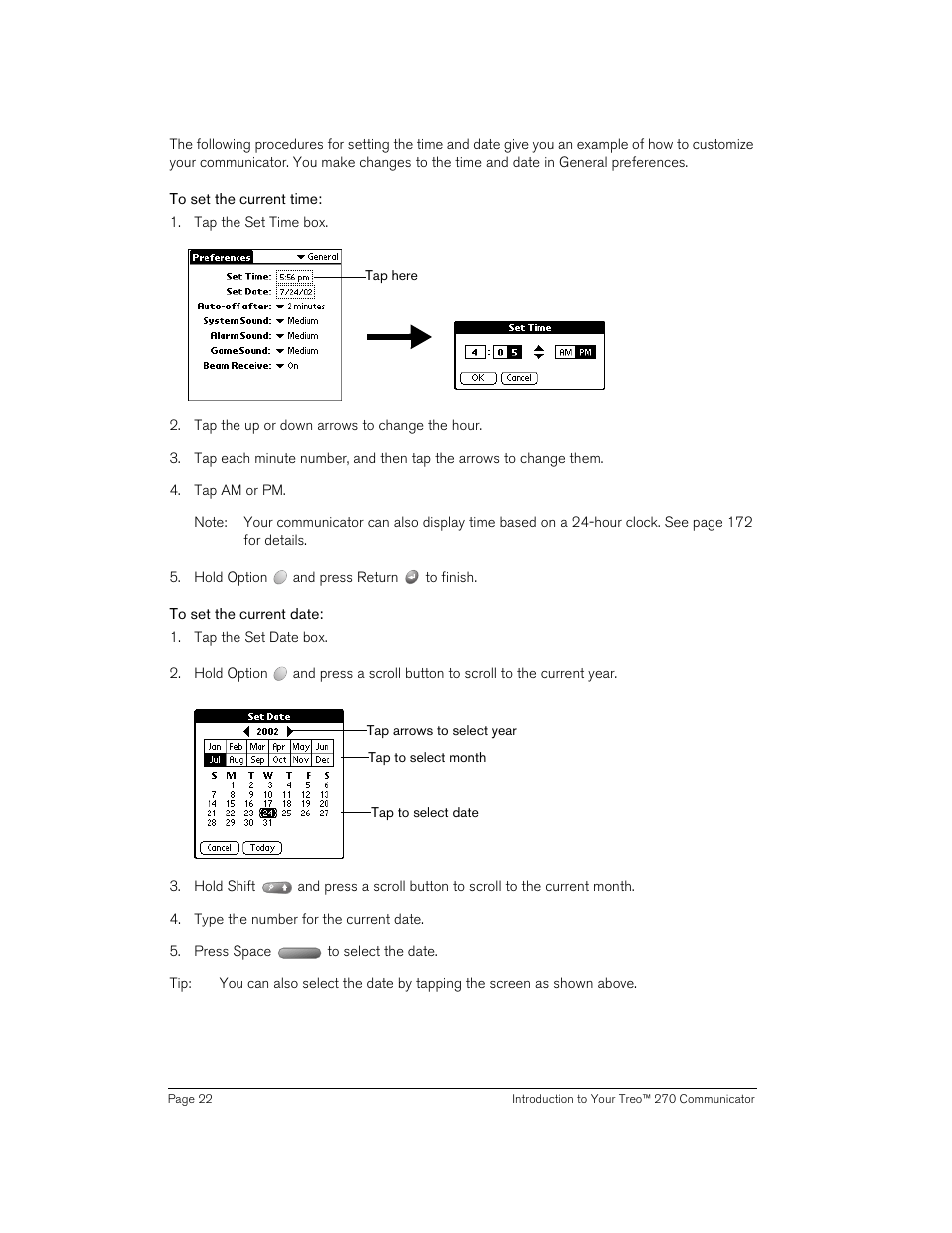 To set the current time, To set the current date | Handspring Treo 270 User Manual | Page 22 / 235