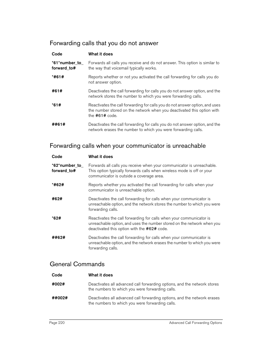 Forwarding calls that you do not answer, General commands | Handspring Treo 270 User Manual | Page 220 / 235