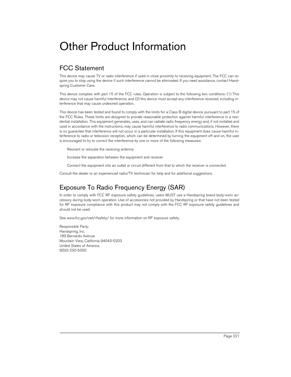 Other product information, Fcc statement, Exposure to radio frequency energy (sar) | Handspring Treo 270 User Manual | Page 221 / 235