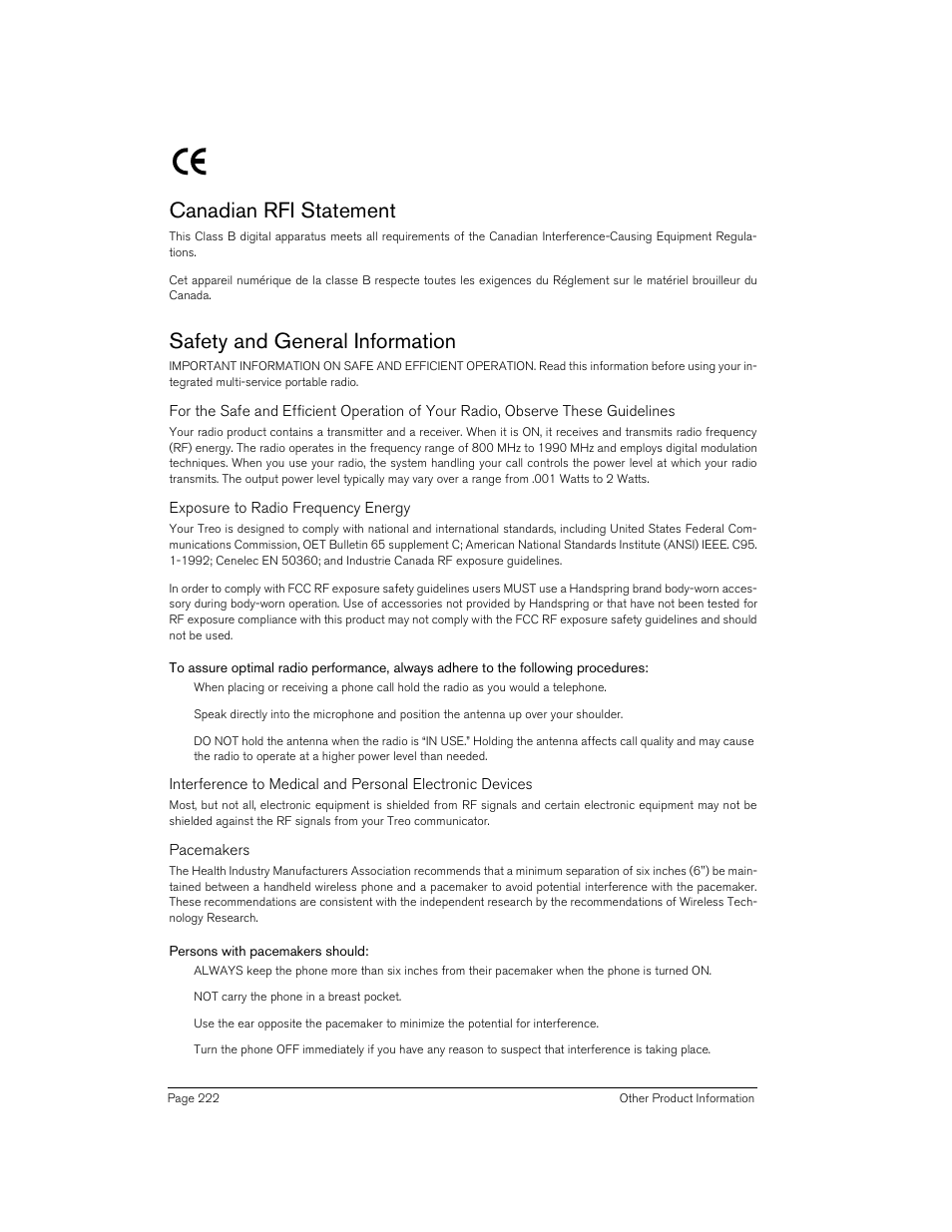 Canadian rfi statement, Safety and general information, Persons with pacemakers should | Handspring Treo 270 User Manual | Page 222 / 235