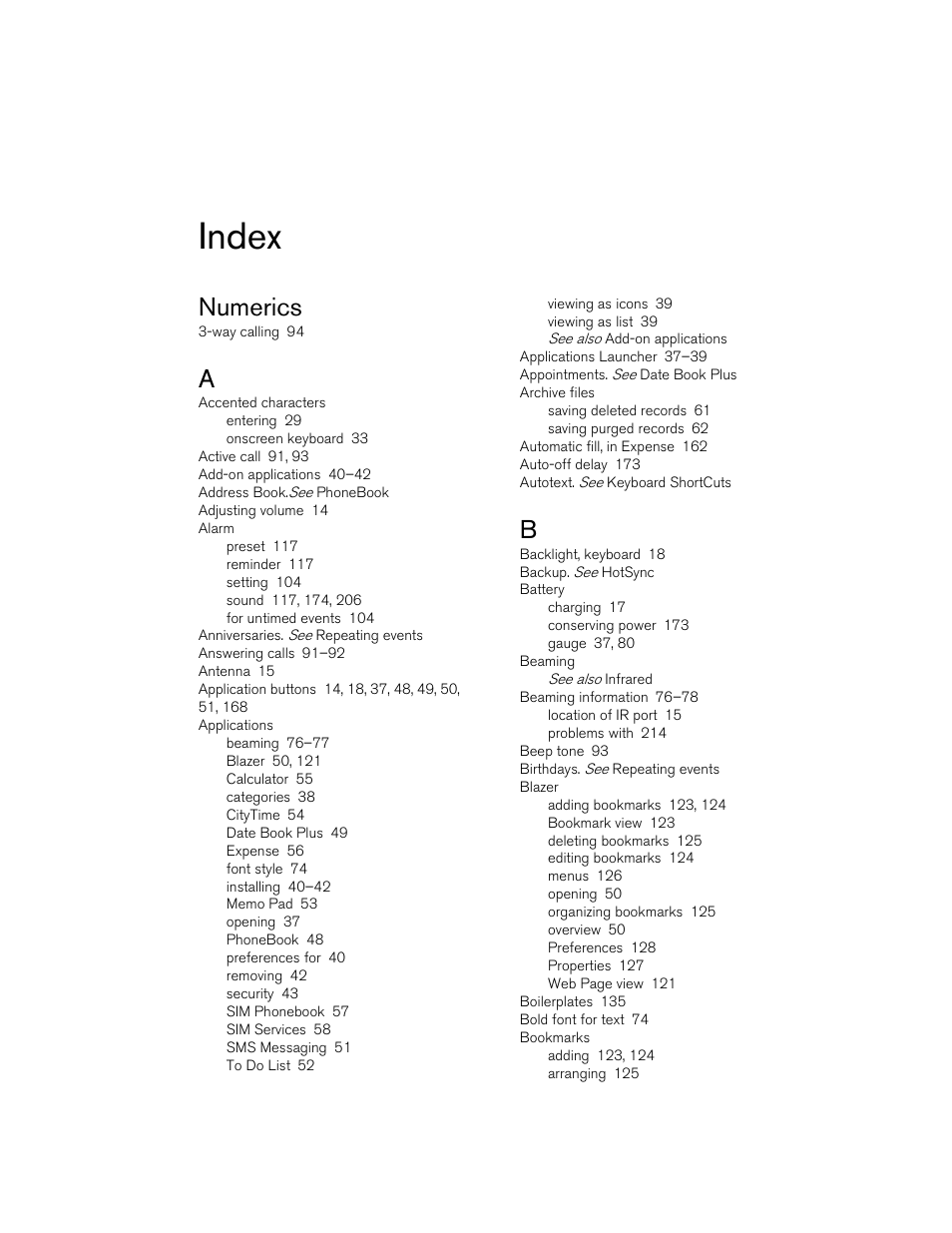 Index, Numerics | Handspring Treo 270 User Manual | Page 225 / 235