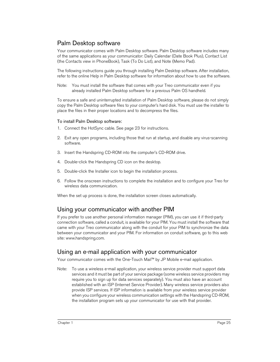 Palm desktop software, To install palm desktop software, Using your communicator with another pim | Using an e-mail application with your communicator | Handspring Treo 270 User Manual | Page 25 / 235