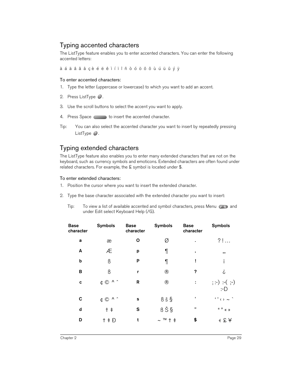 Typing accented characters, To enter accented characters, Typing extended characters | To enter extended characters | Handspring Treo 270 User Manual | Page 29 / 235