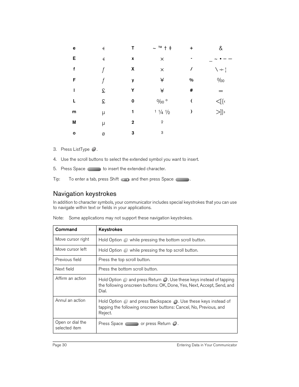 Navigation keystrokes | Handspring Treo 270 User Manual | Page 30 / 235