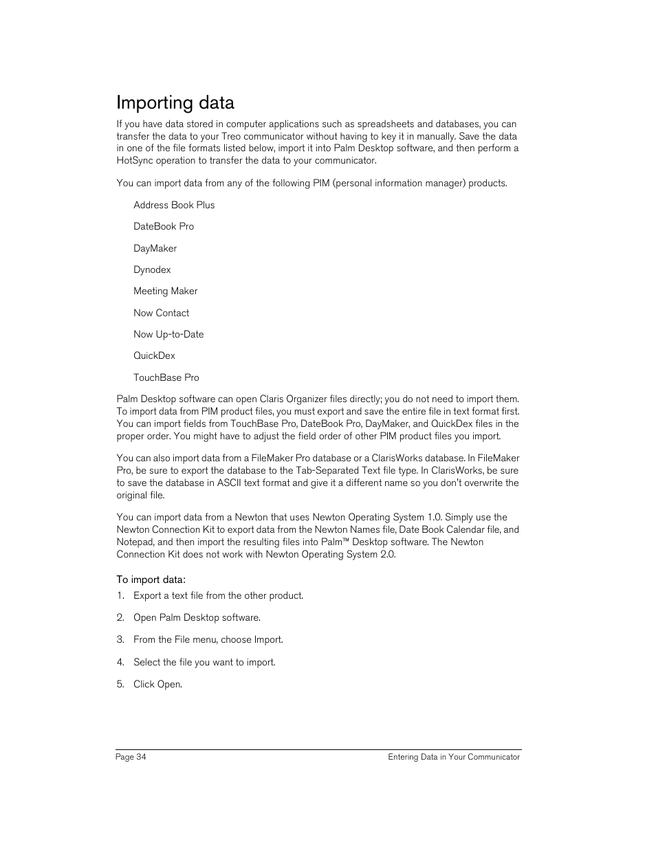 Importing data, To import data | Handspring Treo 270 User Manual | Page 34 / 235
