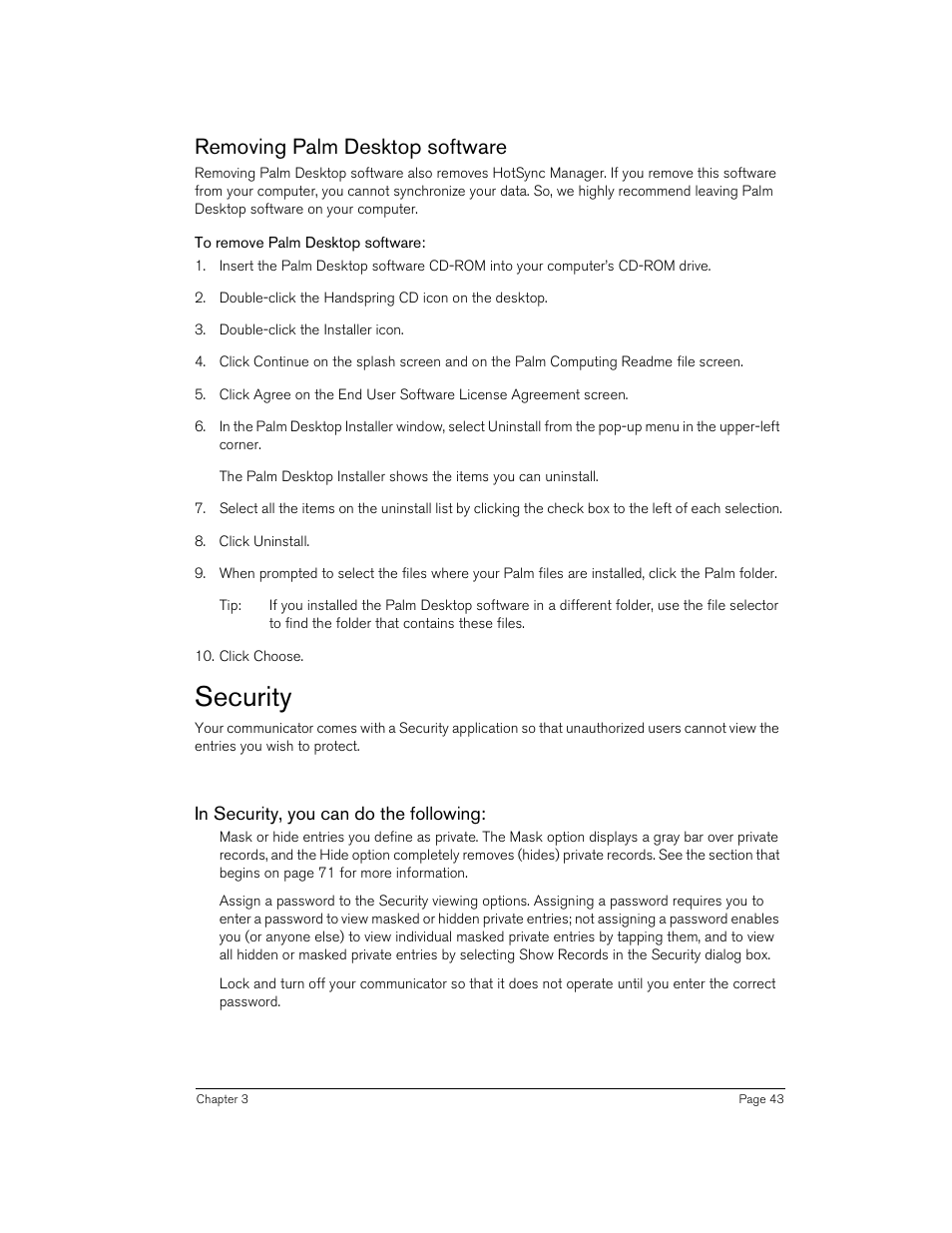 Removing palm desktop software, To remove palm desktop software, Security | In security, you can do the following | Handspring Treo 270 User Manual | Page 43 / 235