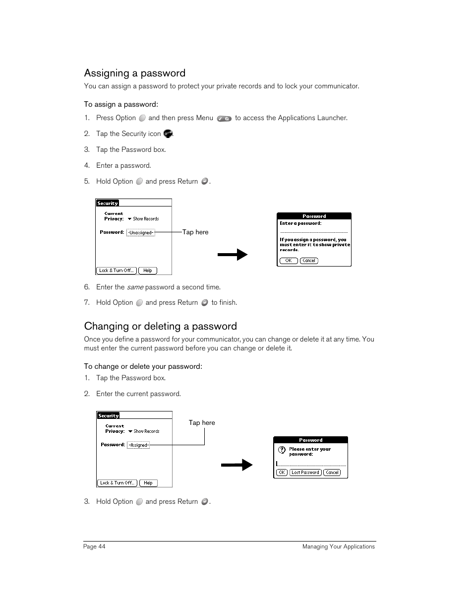 Assigning a password, To assign a password, Changing or deleting a password | To change or delete your password | Handspring Treo 270 User Manual | Page 44 / 235