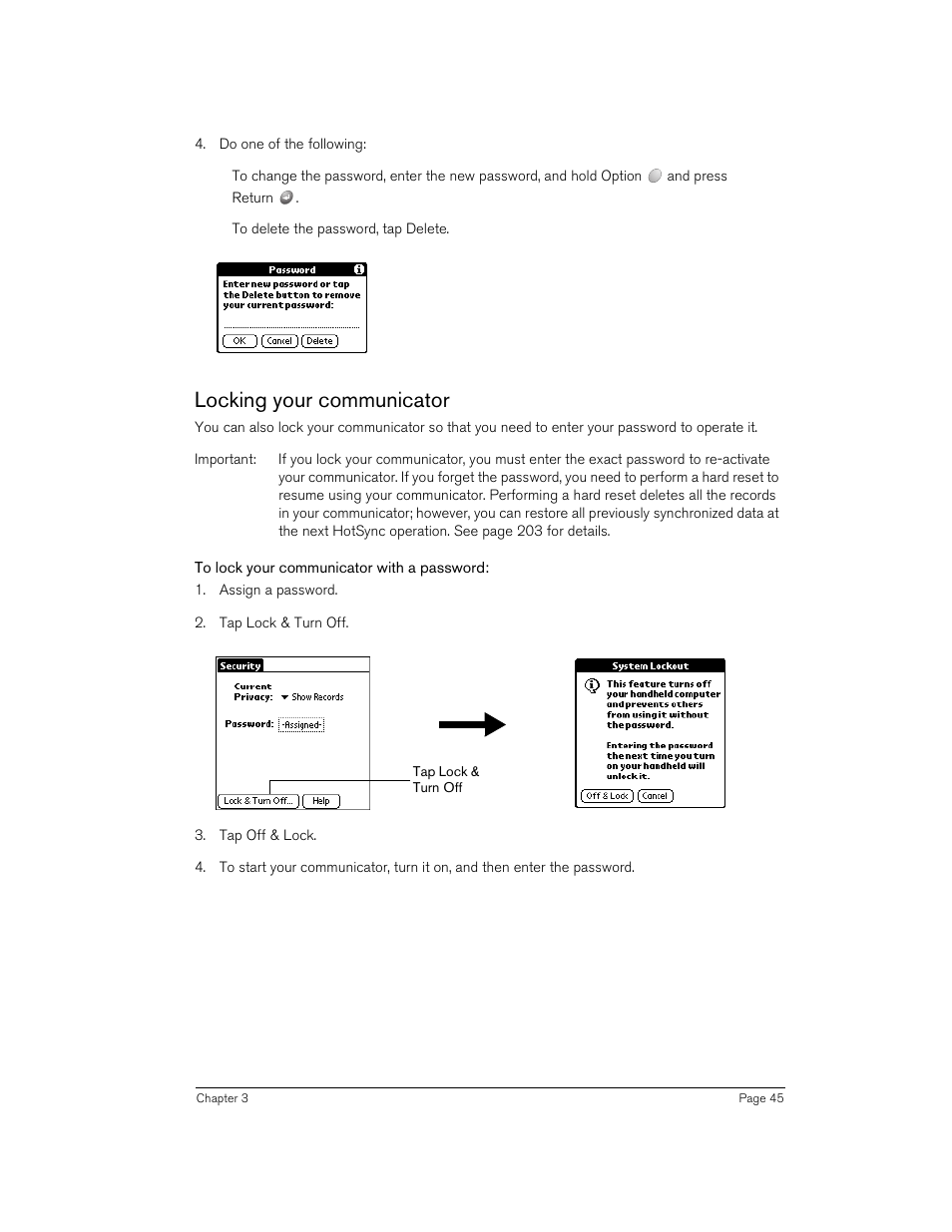 Locking your communicator, To lock your communicator with a password | Handspring Treo 270 User Manual | Page 45 / 235