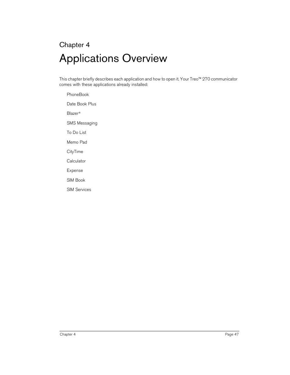 Applications overview, E chapter 4 i, Chapter 4 | Handspring Treo 270 User Manual | Page 47 / 235