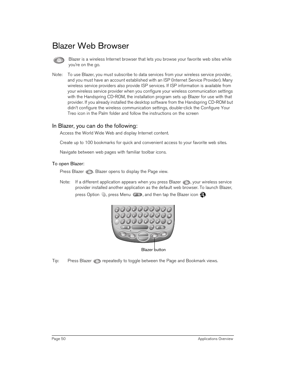 Blazer web browser, In blazer, you can do the following, To open blazer | Blazer button | Handspring Treo 270 User Manual | Page 50 / 235