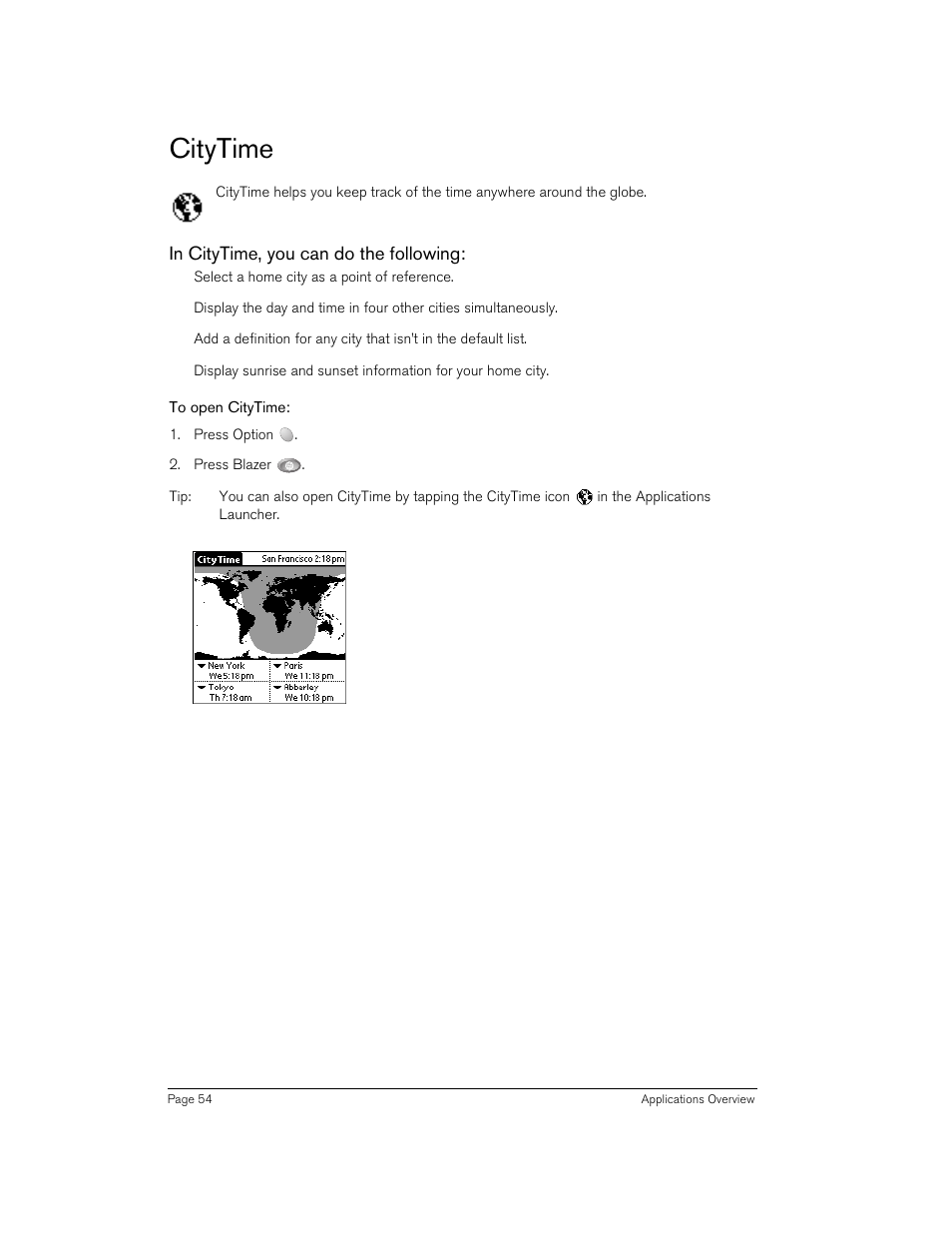 Citytime, In citytime, you can do the following, To open citytime | Handspring Treo 270 User Manual | Page 54 / 235