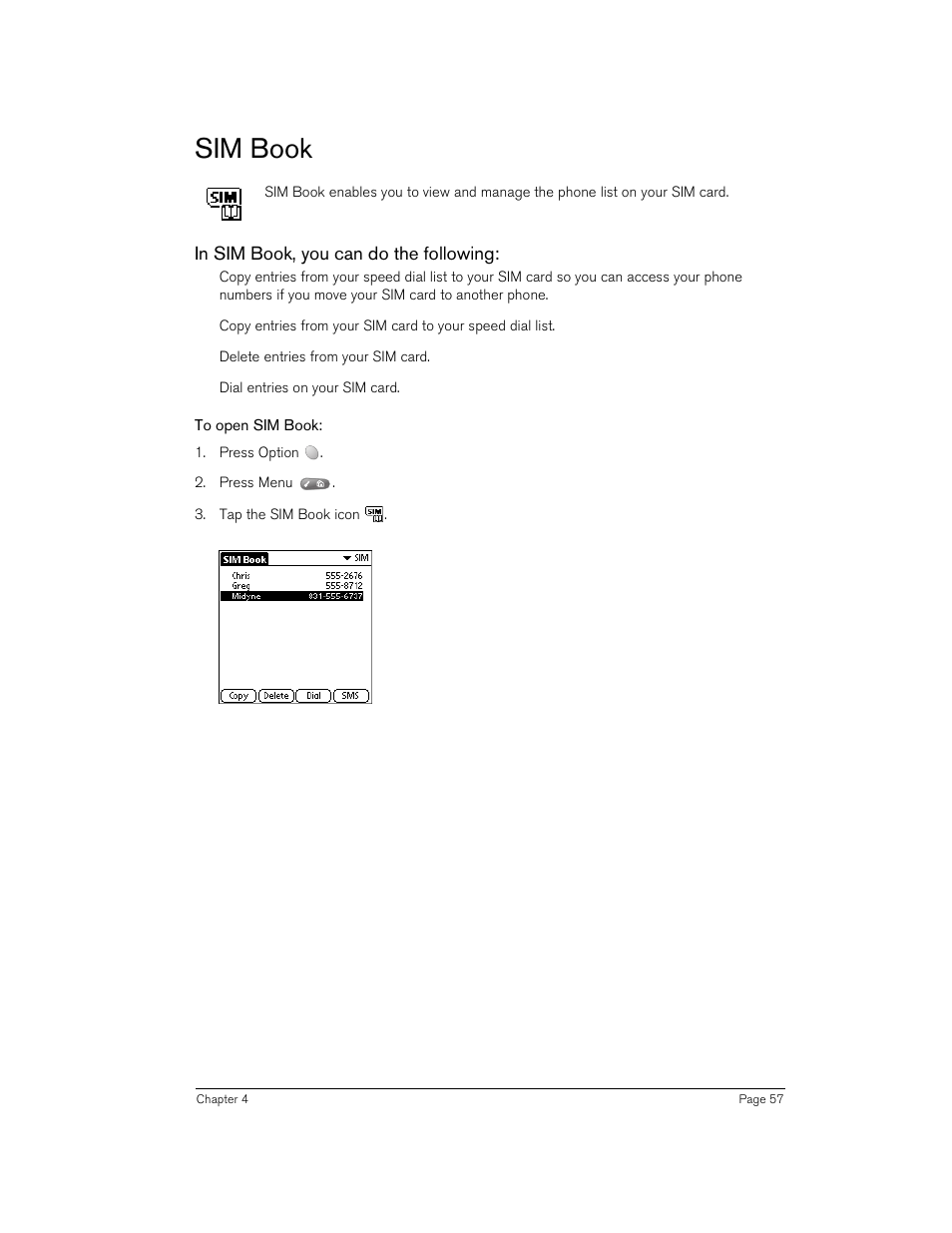 Sim book, In sim book, you can do the following, To open sim book | Handspring Treo 270 User Manual | Page 57 / 235